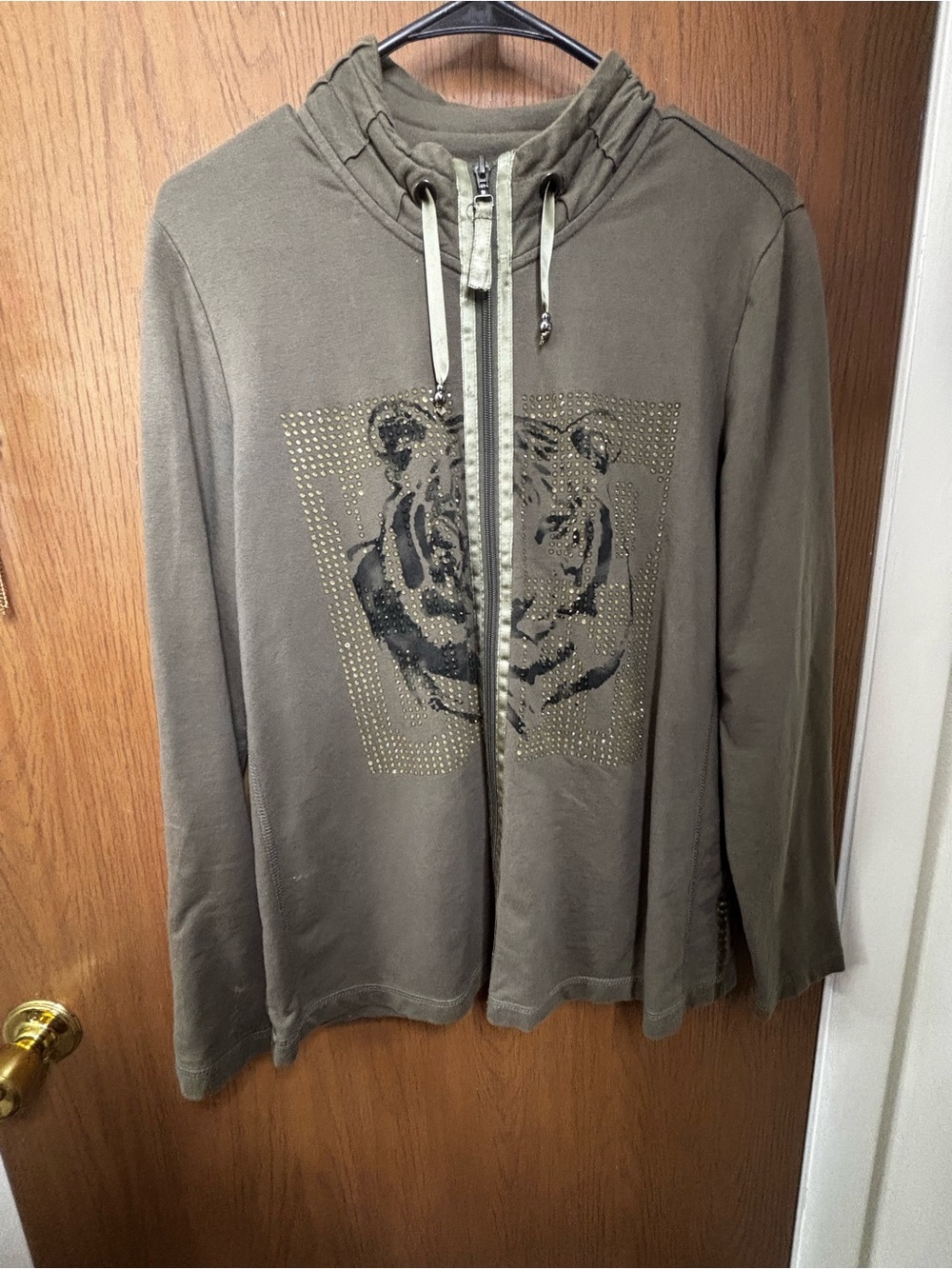 Midnight Velvet Olive Green Zip Light Jacket with Tiger Detail